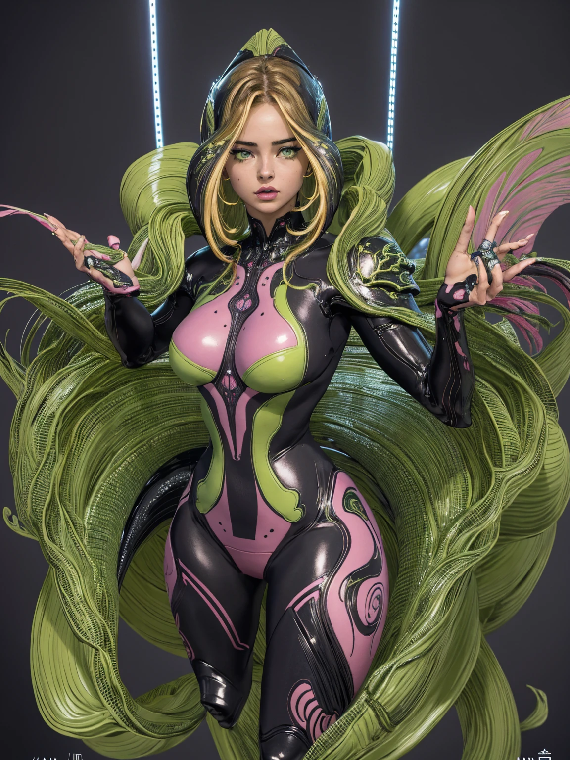 a beautiful detailed girl, beautiful detailed eyes, beautiful detailed lips, extremely detailed face, long eyelashes, cyber girl, girl in bodysuit, girl with nepenthes plant, girl with circuit pattern, girl with biological armor, , black and green color scheme, 8k, high resolution, photorealistic, masterpiece, ultra-detailed, physically-based rendering, sharp focus, vivid colors,full body shot