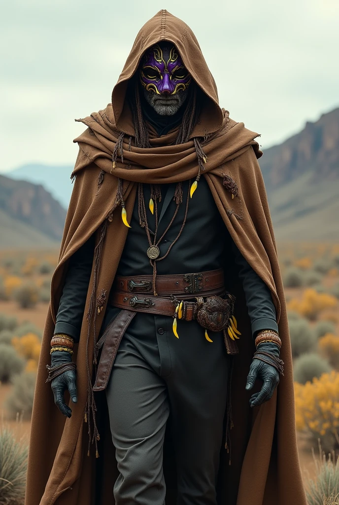 Make an image of a Hunter with a half-destroyed brown cape, a mask with purple and yellow details, floating bracelets around the arms, a scarf around the neck with yellow claws and a black overcoat. Also leave the background as western