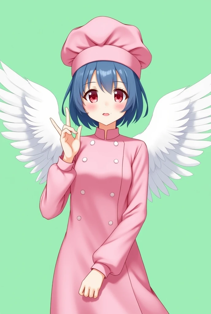 Female chef between 18 and 20 years old with angel wings, with a pink long-sleeved uniform and a chef's hat of the same color, 2D anime style with pastel colors, short blue hair, Red eyes ,with a happy expression, on a completely green and flat background