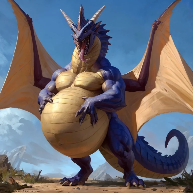 Detailed painting, by Taran Fiddler, closeup, outlook view, wide angle, dragoness, full body, feral, dainty, friendly, colorful, rounded snout, wings, pregnant-like belly, round belly, dominant belly, huge belly, bloated belly, big muscles, wide body, thick body muscles, powerfull muscles, beefy muscles, thick neck, tongue out, open mouth, saliva, hungry, voracious, glutonous, tall, enormous, giant, gigantic, colosssal size, gargantuan, kaiju, powerfull look, badass look, looking at viewer