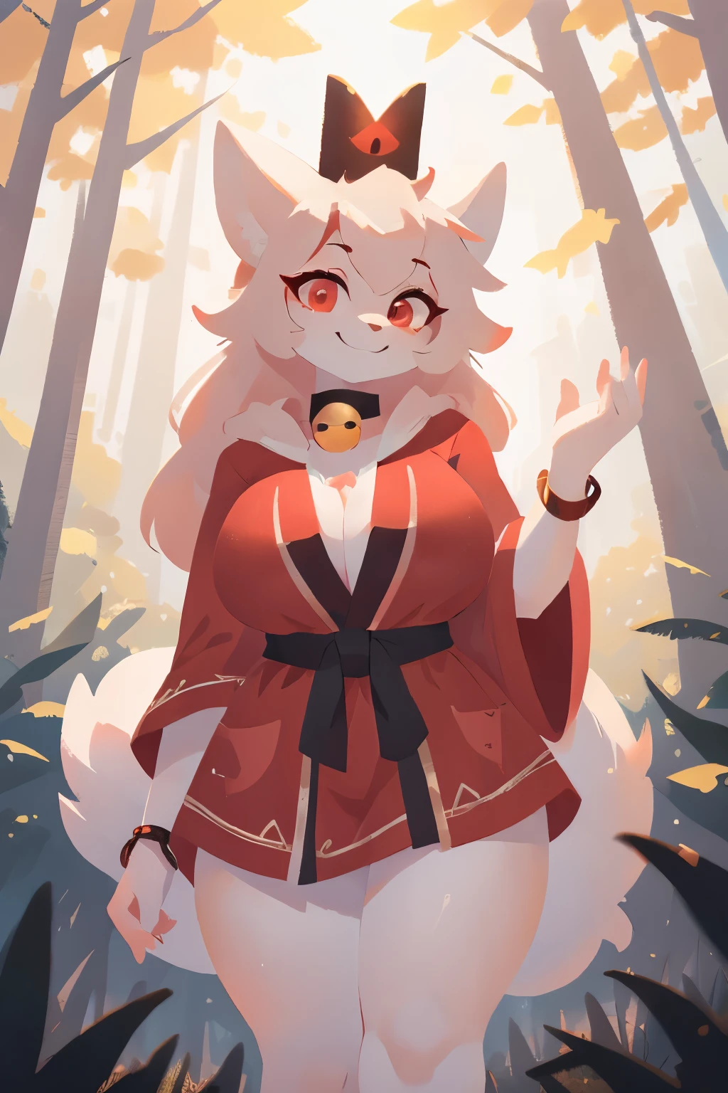 a female white and red kitsune, a black crown, big breasts, big thighs, big ass, red patterns on the body, red swirls on the thighs, red tipped ears, 5 white fluffy tails with red fur on the tip of the tails attached to the back of the pelvis, pretty red eyes, white and red fur tufts, wearing a red and white robe/fleece that covers her chest, thighs, and ass, smiling and facing the camera, standing in a forest with a trees in the background, wearing a red bracelet on the left arm,2D art,Cult Leader,Mommy,Thicc,4k,detailed,hi res,absurd res, collar with bell