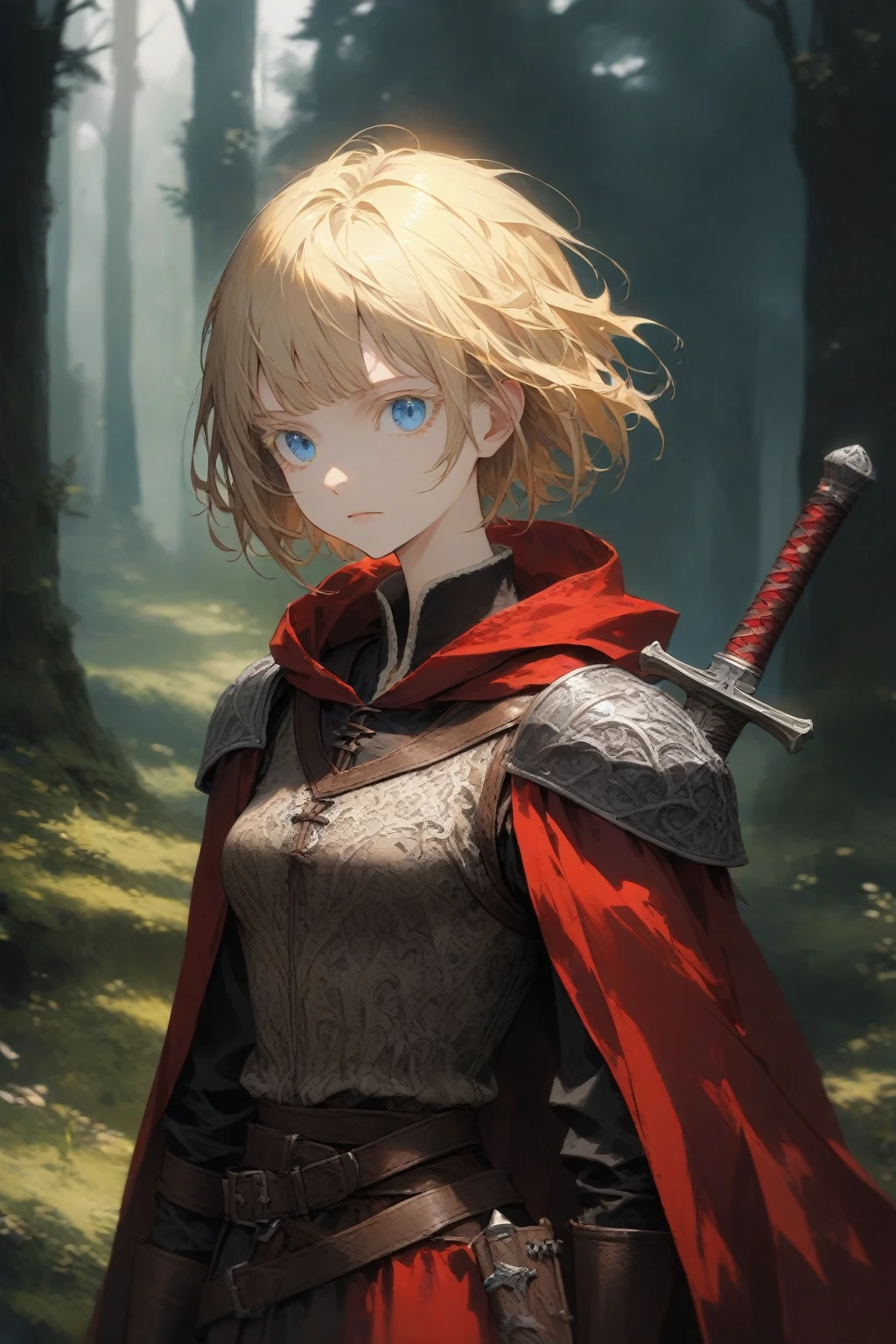 masterpiece, best quality, very aesthetic, absurdres,1girl,rating: general,(hyper detailed eyes),blonde hair,short hair,[disheveled hair],colored eyelashes,blonde eyelashes,blue eyes,(sharp eyes),(slanted eyes),choppy bangs,medium breasts,clear face,expressionless,(red hooded cloak),leather armor,leather chest guard,leather gauntlets,leather greaves,leather boots,sword on hip,sheathed,medieval,fantasy,forest,