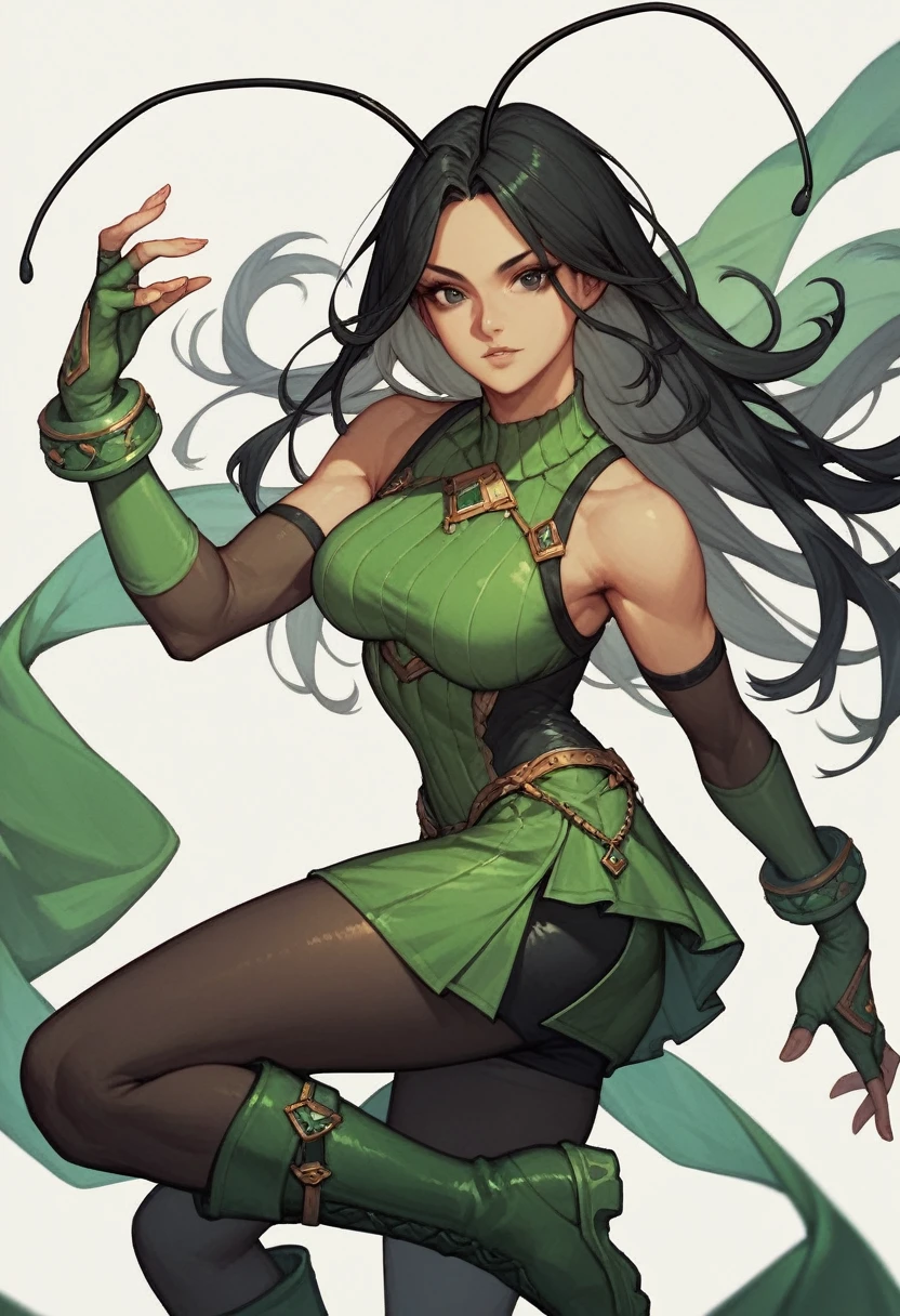 1girl, black eyes, black hair, seamless hair, shoulder-length, antennas, sleeveless, dark green bodysuit, black pants, dark green mini skirt, dark green boots, dark green long gloves, fingerless, modest pose