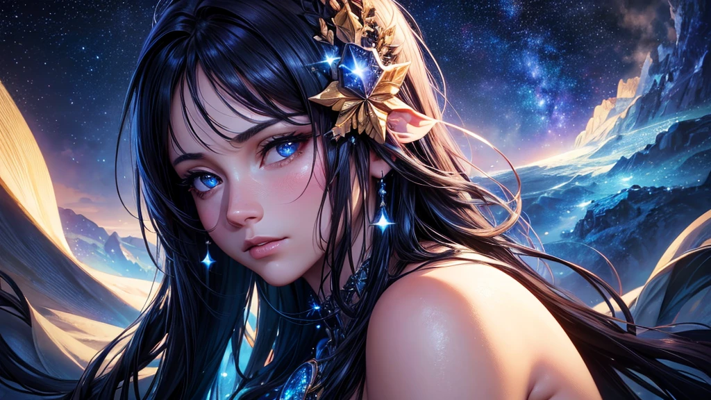 a beautiful woman looking at the stars, detailed face and expression, gorgeous blue galaxy night sky background, cinematic lighting, dramatic mood, highly detailed, photorealistic, 8k, (best quality:1.2), masterpiece, (realistic:1.37), studio lighting, ultra-fine painting, sharp focus, physically-based rendering, extreme detail description, vivid colors, fantasy, dreamlike, magical, ethereal