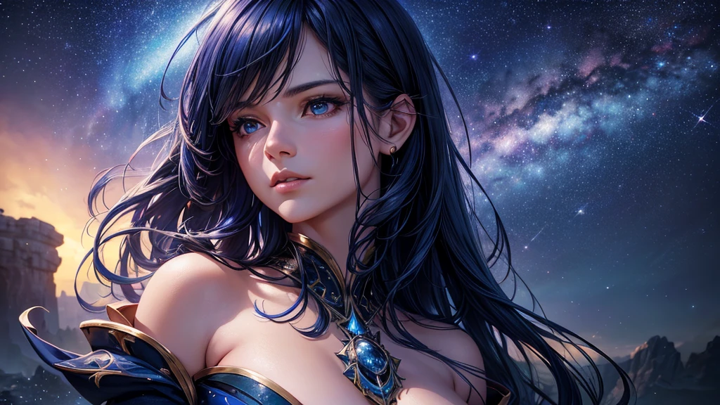 a beautiful woman looking at the stars, detailed face and expression, gorgeous blue galaxy night sky background, cinematic lighting, dramatic mood, highly detailed, photorealistic, 8k, (best quality:1.2), masterpiece, (realistic:1.37), studio lighting, ultra-fine painting, sharp focus, physically-based rendering, extreme detail description, vivid colors, fantasy, dreamlike, magical, ethereal