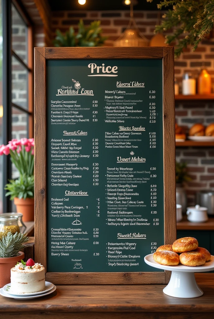 A price list for a bakery, with cakes, salty and sweet