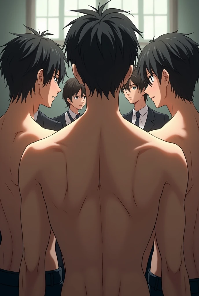 Handsome Men、、Japanese、Slim body、Mash Hair、Completely naked、Full nudity、Back view、Face turned to the side、制服姿の女子高生に囲まれているBack view