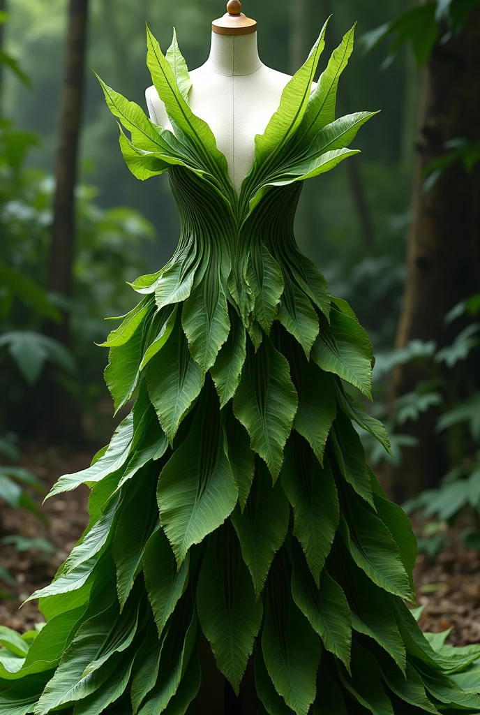 Dress made from natural banana tree leaves, but let them be seen that they are leaves, que se vea even more realistic las hojas, even more realistic