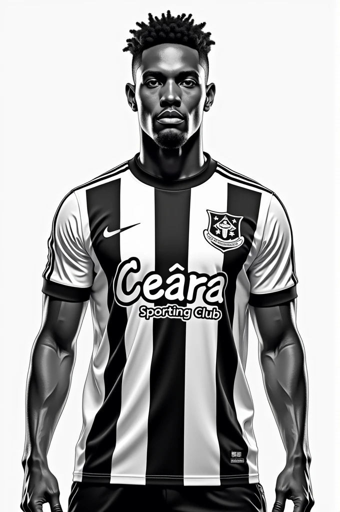 Man in black and white vertically striped shirt with Ceará Sporting Club logo