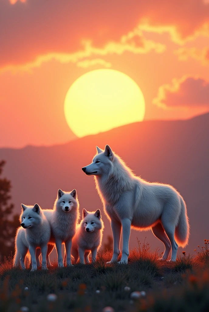 White wolf family with big sunrise