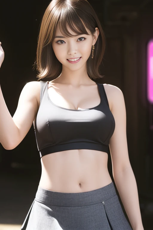 (Highest quality),8k,(masterpiece:1.3),(1 Girl:1.3),Beautiful woman with perfect figure:1.4, (Layered Hairstyles, Big Breasts:1.4), ((Displaying the viewer)), (Big smile:1.2),Realistic,High resolution,Highly detailed face and skin texture, Realistic faces, Original photo, ((Beautiful Face:1.5)) ,Cute Korean Girl, K-Pop Idols,Perfect Body Proportions,Whitening the skin, Shiny skin, ((Tight waist:1.2)), (Small Ass), (Very slim muscular body:1.24), ((Highly detailed face)),Attention to detail,double eyelid,Eyeshadow Enhancement,Attention to detail,Professional Lighting,Cinema Lighting, (Sharpen your focus), ((((cyberpunk style)))), ((dark, Light-colored clothing)),((Brightly colored cropped tank top ,(Underbust:1.3),Short mini skirt)), ((Vibrant,Active,Liveliness)), ((panties)), ((Exposing thighs)), (erotic:1.3), (((A short skirt that hugs the hips))),((((runner)) on the street with dark sunset:1.4))