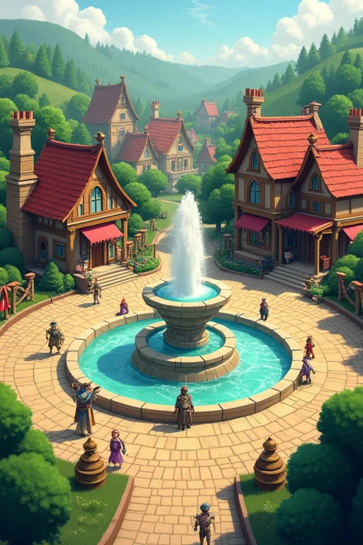 RPG map, a village with a fountain in the middle
