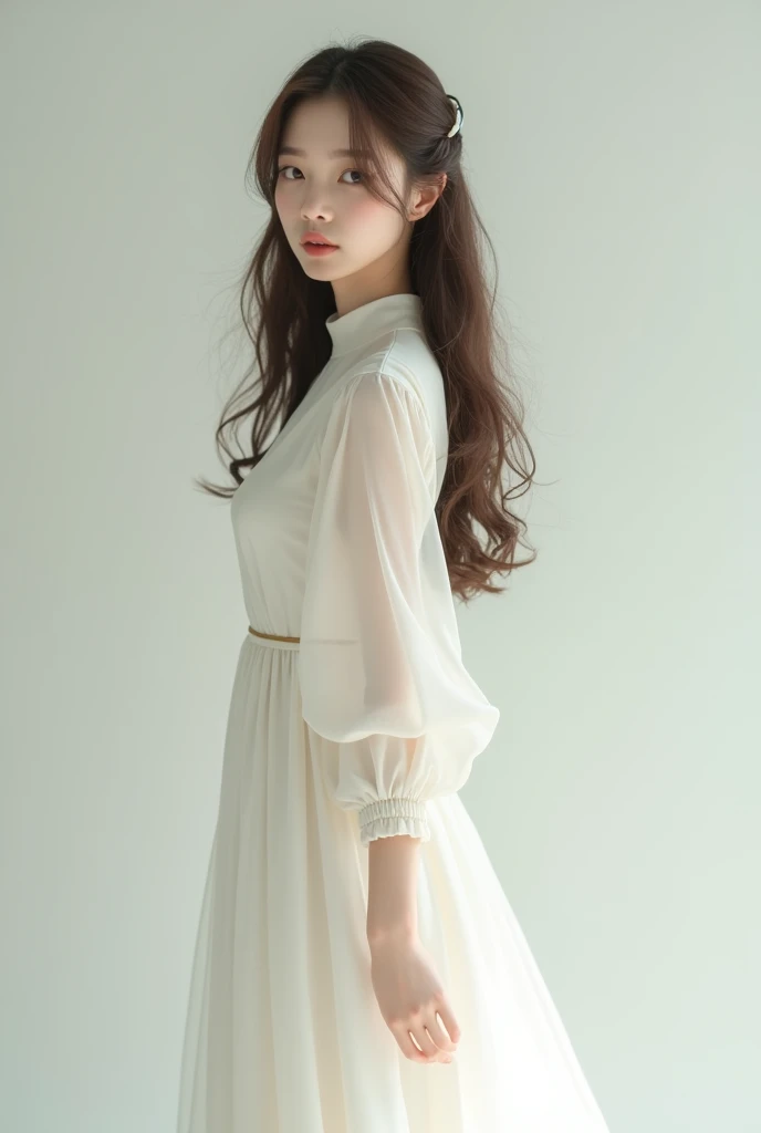 A Korean woman who is 1. She stands at full height, from head to toe in a white dress. She has brown eyes.,big eyes and brown,long hair. She has a doll-like appearance..