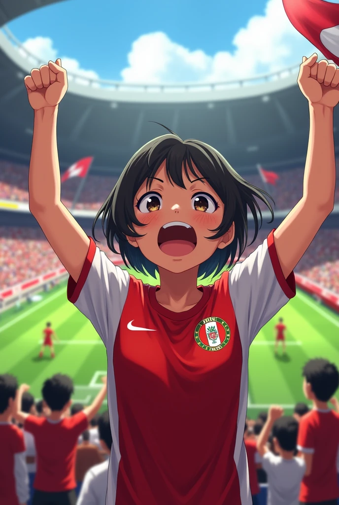 Short-haired girl wearing the Peru national team jersey in the stadium cheering
