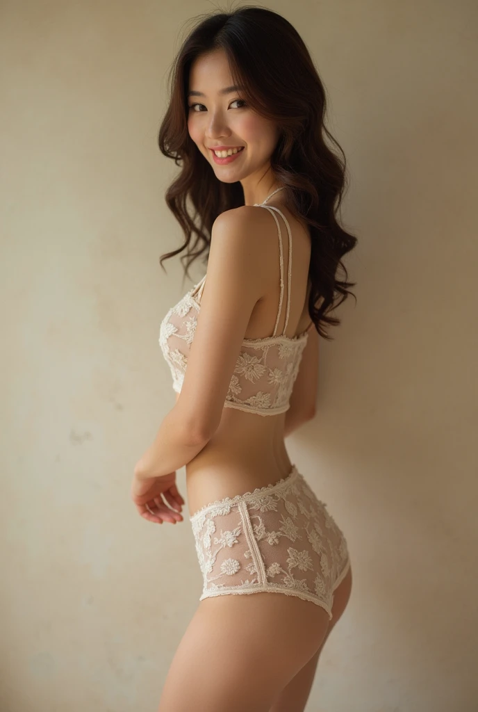 ((Simple Background)),View from the front,Mature Woman,Thin panties,Medium Bust,thin,smile、topless,Head to knee photo、Upright posture、charm,masterpiece,Highest quality,Japanese