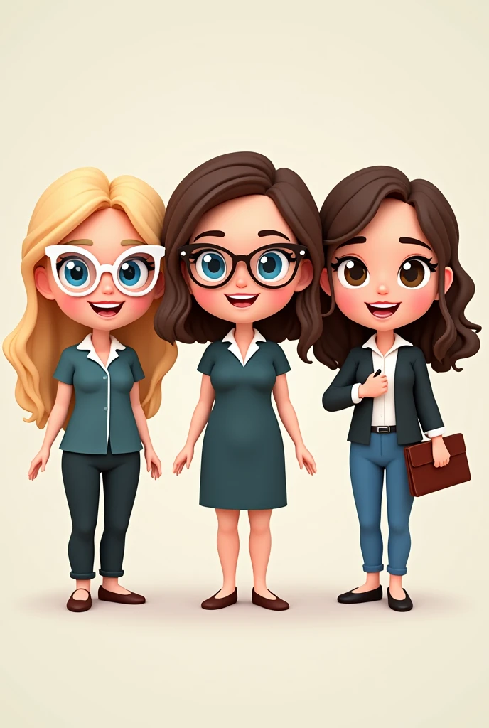 Create three bitmoji style dolls, The characters are three happy and smiling teachers. the first teacher is white, has blue eyes, wears white-framed prescription glasses, has long hair, Blonde and smooth. It's very delicate. the second teacher is white, has medium hair, in dark brown color, wears glasses, has brown eyes and is very elegant. the third teacher is very white, looks like a porcelain doll, with medium hair, brown with and wavy with some curls. She is sweet., sweet and laid-back and has brown eyes.