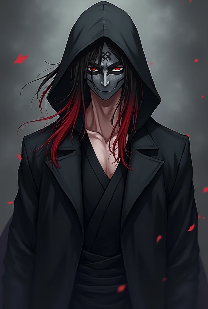 Create a muscular young anime style male character wearing a black long sleeved hooded overcoat with long black hair with red tips and tied into a cookie with a gray Japanese hannya mask