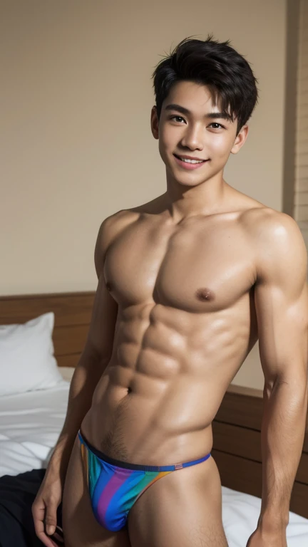 Highest quality, 8K, Very delicate young boy,Highly detailed face and skin texture, High resolution, Wearing only a rainbow thong,young boy with tanned skin in the bedroom and smiling, whole body, Sharp focus,Random Face,Random Posing,