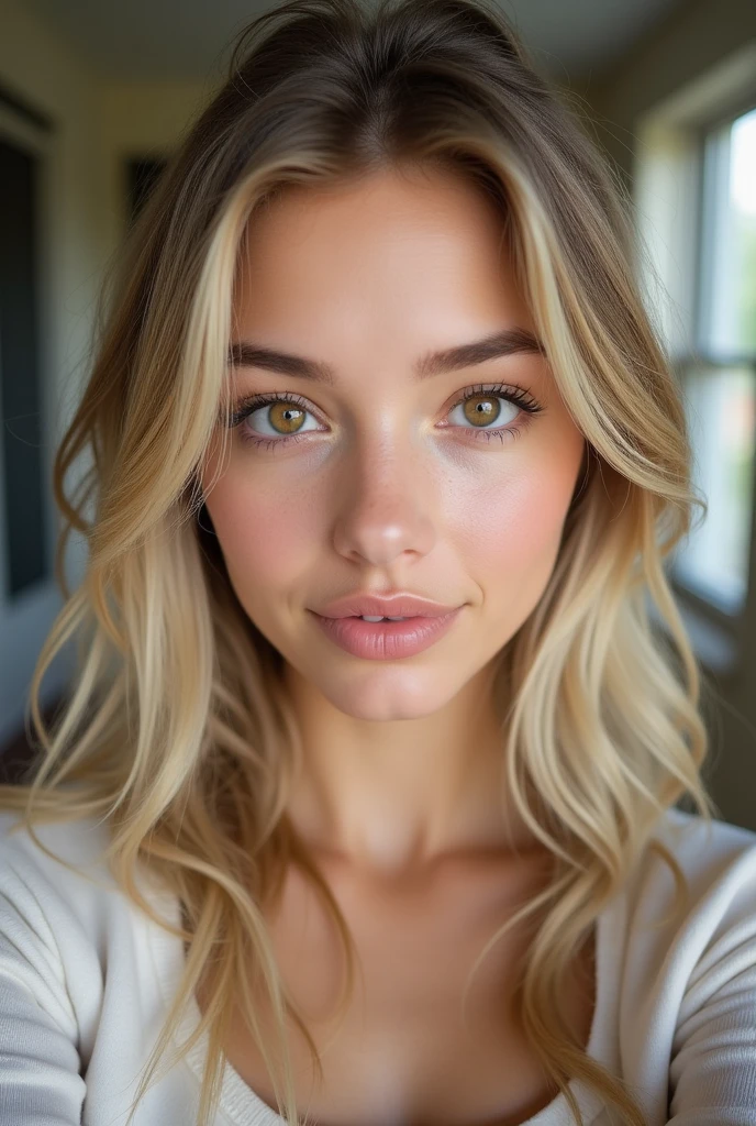 femme 20 ans, fille sexy aux yeux brun, ultra réaliste, minutieusement détaillé, Portrait de Sophie Mudd, cheveux blonds et grands yeux, selfie d'une jeune femme, Violette Myers, sans maquillage, maquillage naturel, regarder directement la caméra, maquillage subtil, superbe photo, buste de taille moyenne à grande