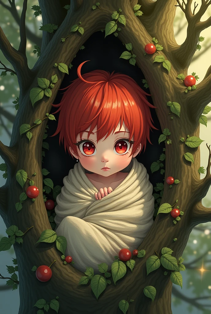 A baby wrapped in a blanket in a tree with red eyes and short red anime hair 