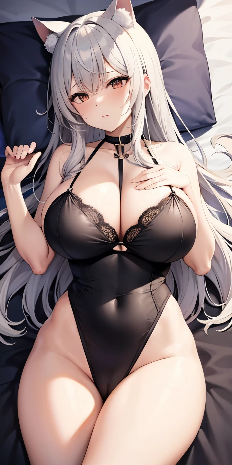 Highest quality　High resolution　A lovely young and beautiful woman　Red eyes　Beautiful gray hair　Medium Perm　Cute Gentle　Cat ear　Fascinating beautiful underwear　Breastfeeding services　驚異的な魅力を持つ童貞キラーのBig Tits　Sexless　Breast milk　Incest　Rut face　Chubby　Big Breasts　Super Breasts　Big Tits　Black, erotic and seductive underwear　横乳はみ出そうなデカいSuper Breasts　Adult Women Mature Women　Voluptuous bodyエロセンシティブで卑猥なピチピチの下着を着用　She has a condom in her hand, Mature mature woman face, Huge breasts　Huge thighs　Huge Ass　Voluptuous body　A lewd woman lying on her back in bed　Legs wide　She seduces with a contraceptive condom in her hand　ぐっしょりと濡れたおまんこに挿入してもらうようSex Appeal　Spread your legs（M-shaped legs）　Open the soaking wet slit between your legs with both hands.　揉みしだきたくなる激しく縦に揺れるぷるんぷるんの豊満なムチムチ孕ませBig Breasts　Sex Appeal　Cunnilingus　female　Suck on the nipple of one breast