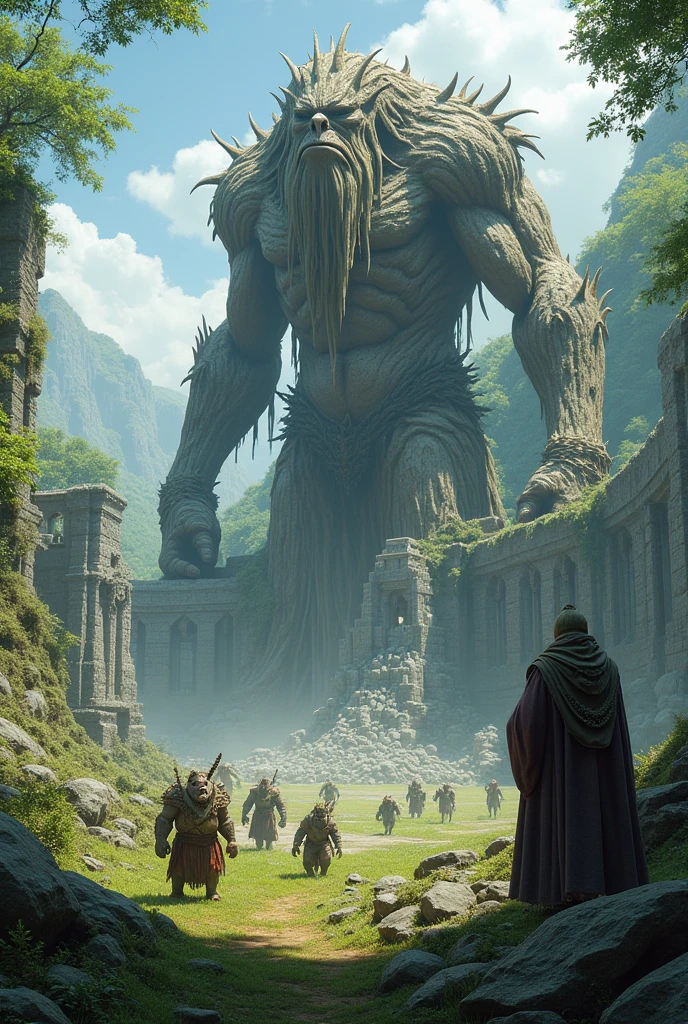 large open field, Large tree Ent's, orcs building a wall, goblins carrying rock to the tower, tall wizard directing them to build, fantasy art, dark fantasy, digital painting, 8k, high quality, detailed environment, dramatic lighting, epic scale, intricate details, cinematic composition, lush foliage, mossy rocks, ancient architecture, fantastical creatures, dramatic poses, dynamic action