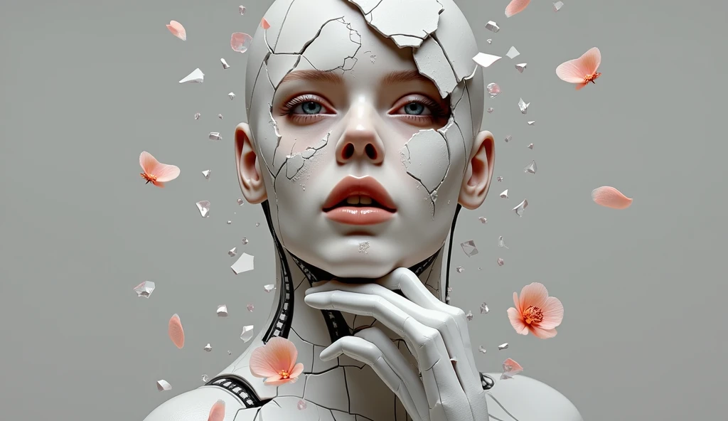 Death of a beautiful humanoid female, close up of a broken android, digital art, cracked porcelain face, futuristic look, captivating, close-up, skull, fragile, emotional, shatter into fragments, shattered glass, shattered pieces of a woman body, made of porcelain, broken, destroyed, abstract patterns, tile art, roses, portrait photography, cinematic, white and light gray, shallow depth of field