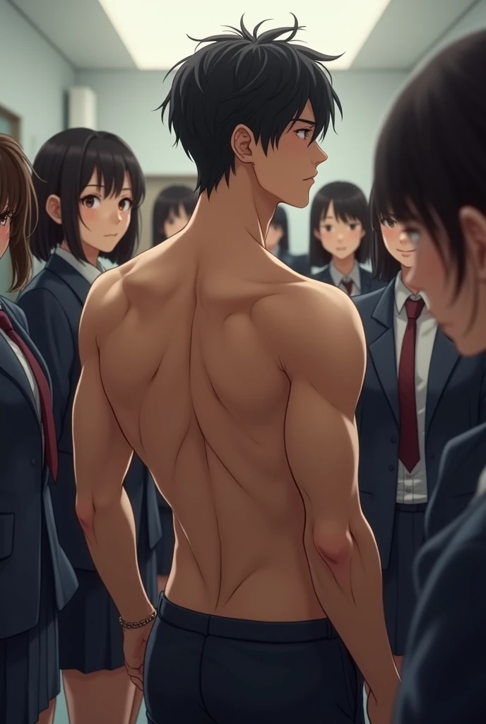 Realistic、Handsome Men、、Japanese、Slim body、Mash Hair、Completely naked、Full nudity、Back view、Face turned to the side、制服姿の女子高生に囲まれているBack view、Butt Exposed