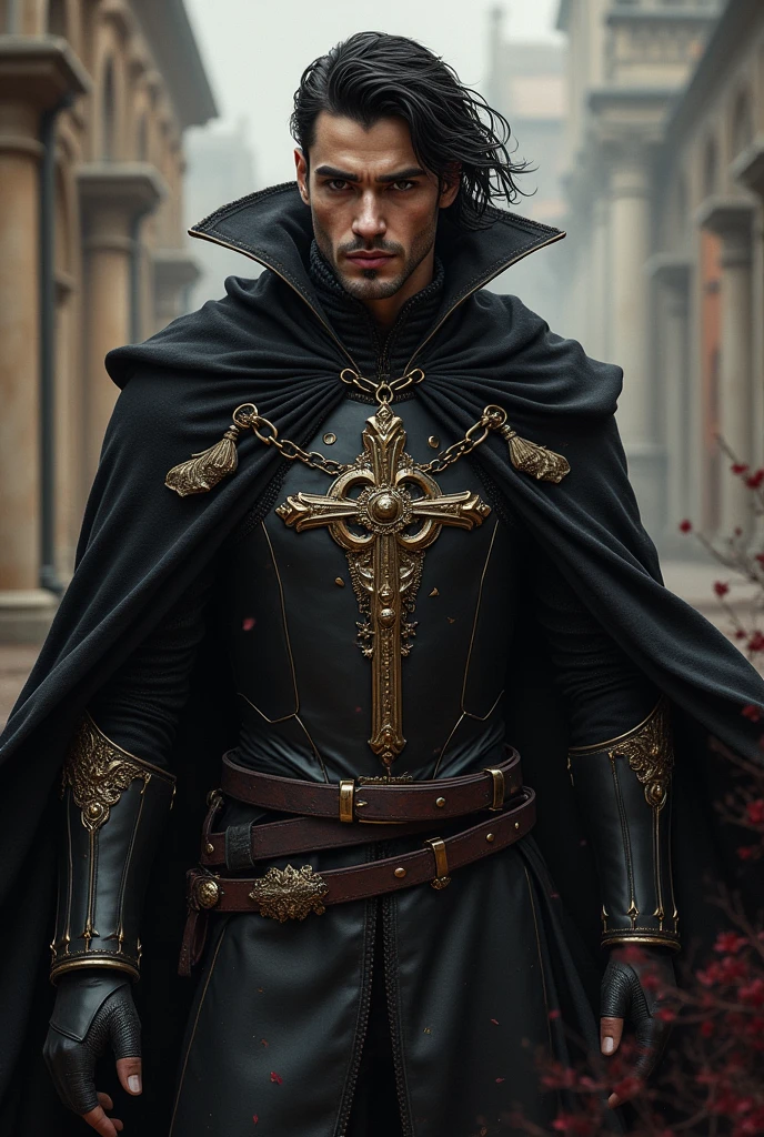 An incredibly handsome and masculine toreador vampire, he is greek and he is a knight templar, He is a 5th generation vampire therefore very powerful, he has a beautiful crucifix that is always with him and a cape