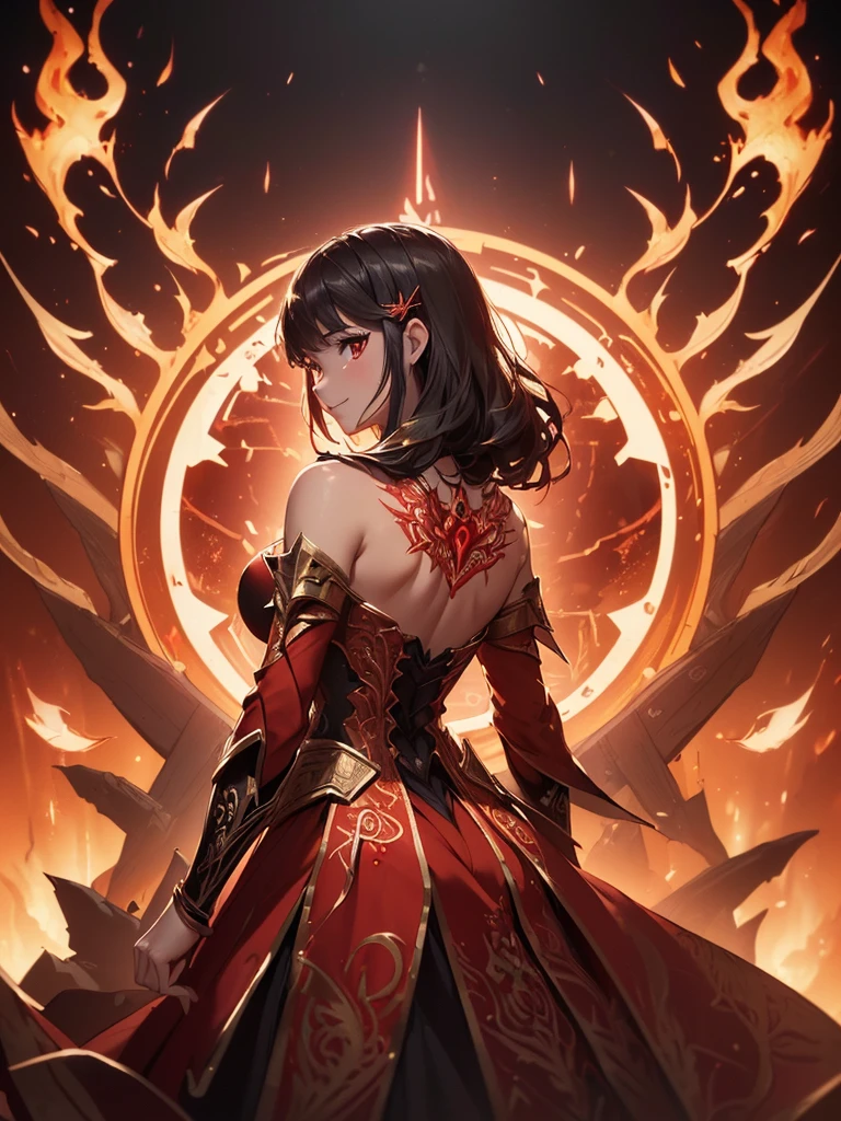 (((best quality, sharp image, clear image, cinematic lighting, 8k resolution, masterpiece, ultra detailed, intricate))) Girl, sorcerer, cute, intricate dress, smiling, fiery red, ((intricate background)), (rune frame), dimension, ((shot from behind)), fire sigils, chaotic background, ((half-body shot))