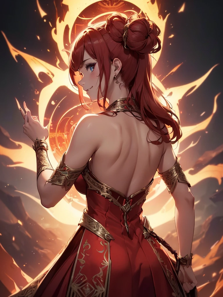 (((best quality, sharp image, clear image, cinematic lighting, 8k resolution, masterpiece, ultra detailed, intricate))) Girl, sorcerer, cute, intricate dress, smiling, fiery red, ((intricate background)), (rune frame), dimension, ((shot from behind)), fire sigils, chaotic background, ((half-body shot))