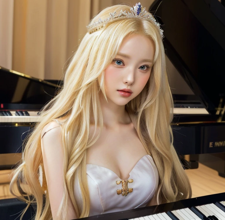 Anime girl with long blonde hair sitting in front of a piano, Pianist, I will also make fanart., official work, from frontline girls, in bowater art style, blonde anime girl with long hair, high detailed official work, fine details. frontline girls, ((a beautiful fantasy empress)), anime visual of a young woman, beautiful and seductive anime woman, Queen of longing