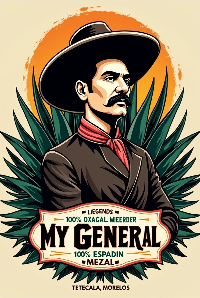Mezcal logo, let it be called "My general" and is accompanied by an image of Emiliano Zapata. Some magueys and the legend of artisanal mezcal 100% Oaxacan agave espadin. 
Tetecala, Morelos.