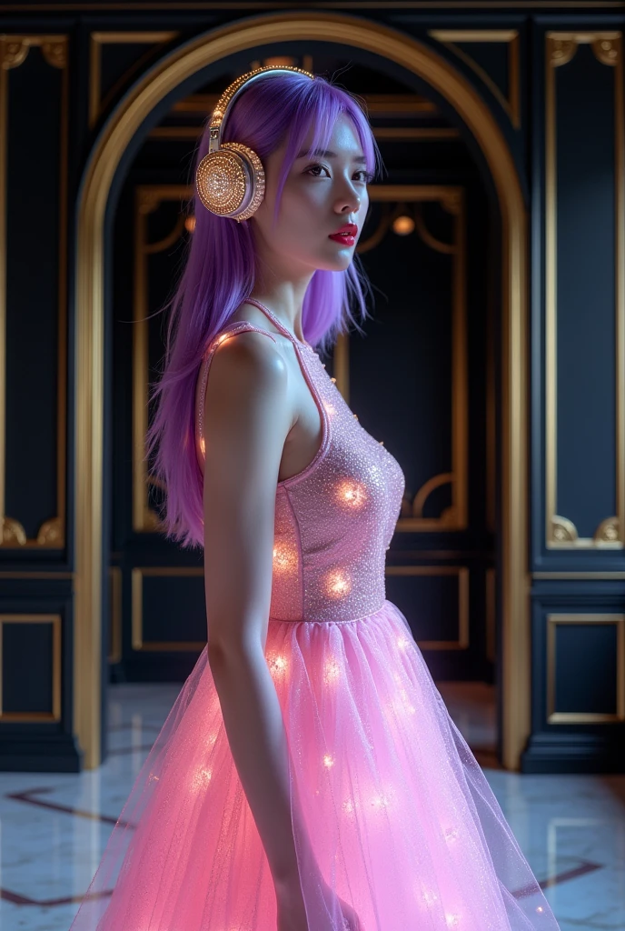 Korean purple hair butterfly woman in headset with transparent shiny shiny pink dress and shiny diamonds on headset full body The main scene: a ball with chic black walls with gold details