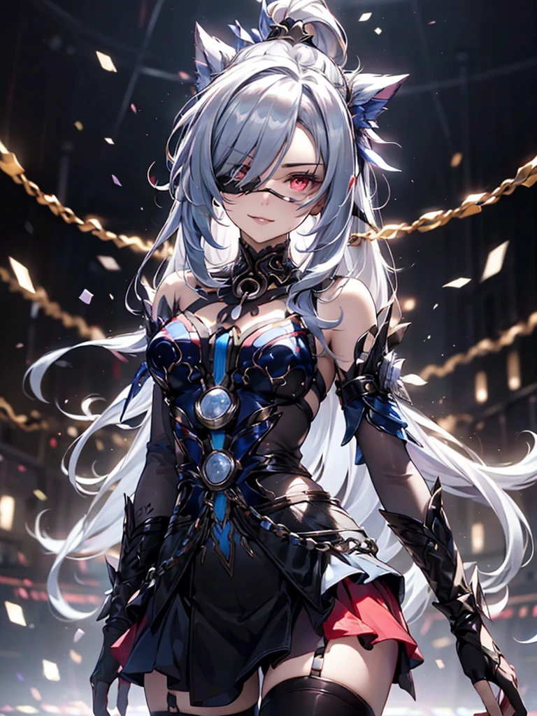 score_9, score_8_up, score_7_up, source_anime,masterpiece, best quality, high resolution, extremely detailed CG, absurdres, 1girl, solo, a cool girl in Gothic ta costume posing in palace, miniskirt, frills, black and red outfit, ((black_tights)), (single eyepatch), heels, ((V-shaped eyebrows, smile), hand on face, hands open, spread legs, stands on floor, ruby👁️🗨️,white_hair, ((two_sides_up)), horns, tied with chains, many chains in background, dark_background, black palace, midnight, indoors, (extremely detailed background:1.6), detail1eye, vivid color