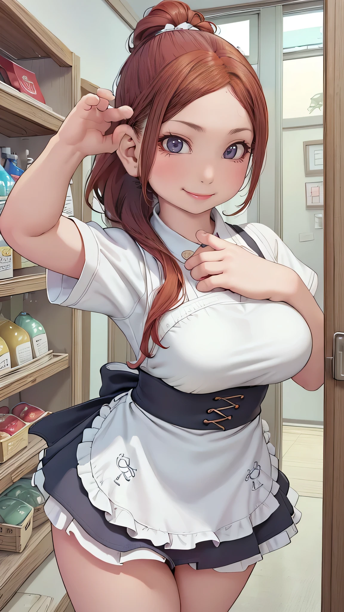 A breathtaking masterpiece、Captured in breathtaking 8K resolution、The portraits are exquisitely detailed and realistic.。The scene is bathed in HDR light.、Depicts a beautiful woman at a medium distance、((chignon:1.6、straight hair、red hair))、medium breasts、high school girl、(convenience store clerk、blouse、The apron is clean、Has the store logo。A name tag is attached to the chest、We welcome our customers with a bright smile。)、In a perfect contrapposto pose、Her hands were delicately placed on her head、Smiling amiably at the viewer。She exudes an aura of grace and charm.。