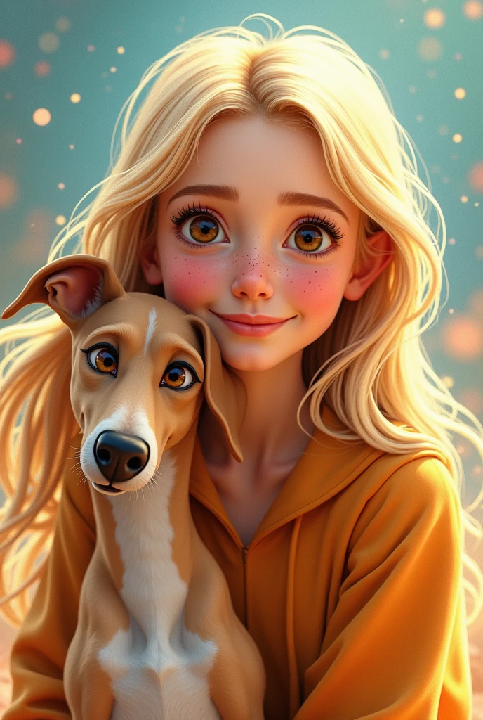 A Pixar-style cover featuring a blonde age girl, long hair and brown eyes and freckles, accompanied by a male greyhound dog, skinny, hairy and whole brown color.