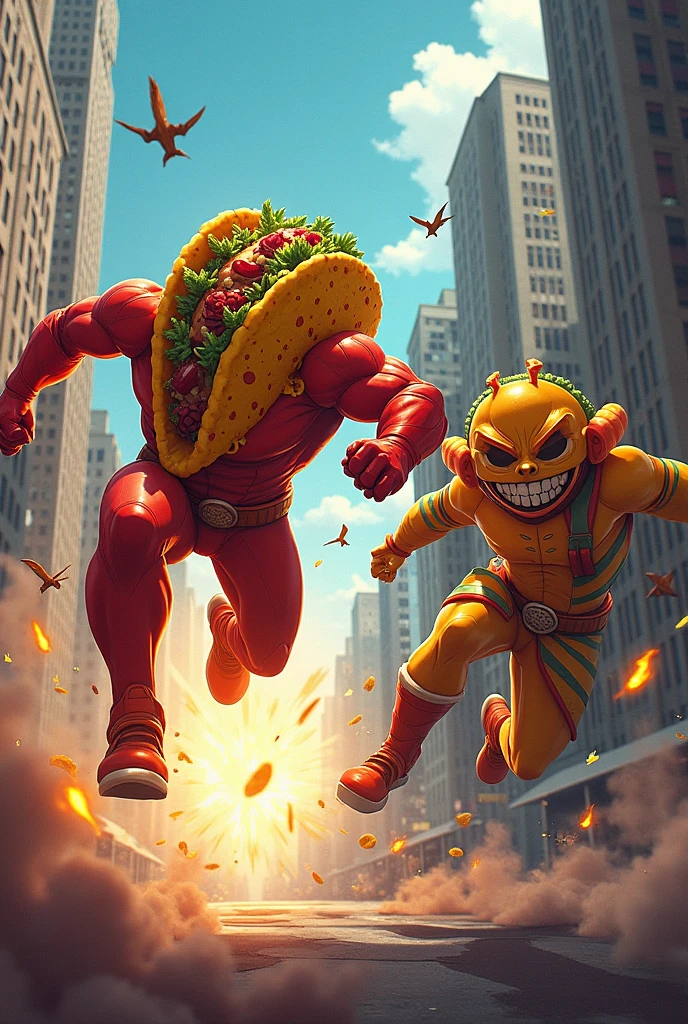 A taco superhero versus a sandwich villain