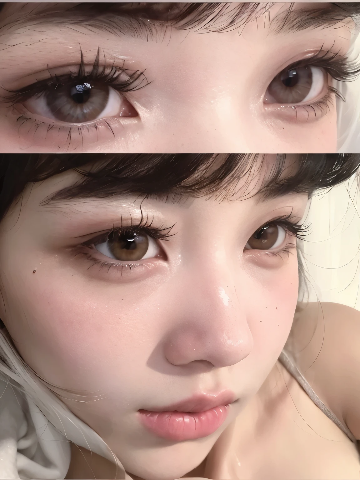 A woman wearing a white scarf, with long hair., white bangs, cabello Whitebangs cabello, blunt bangs fall over his forehead, with bangs, Pelo largo with bangs, with bangs completo, Cabello limpio with bangs, straight fringes, Cabello largo with bangs completo, Whitebangs, portrait of Kim Petras, straight bangs, cabello negro y white bangs
