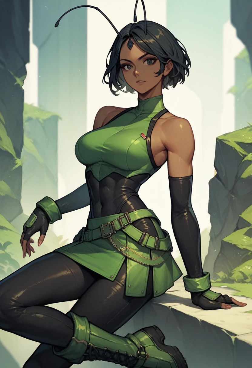 1girl, black eyes, black hair, seamless hair, shoulder-length, antennas, sleeveless, dark green bodysuit, black pants, dark green panel mini skirt, dark green boots