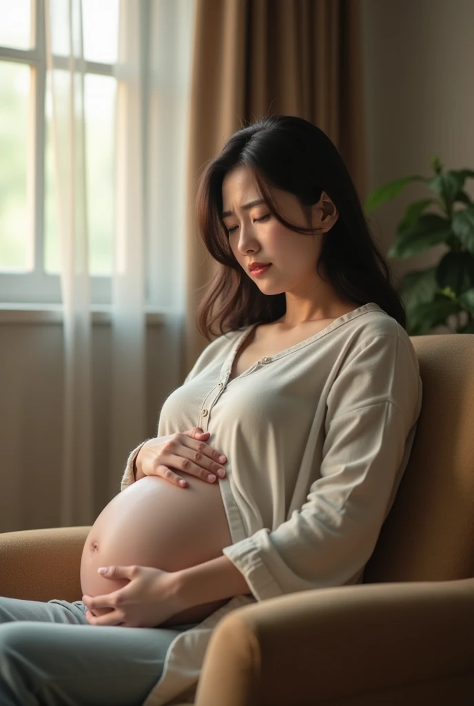pretty korea woman big pregnant contraction in chair