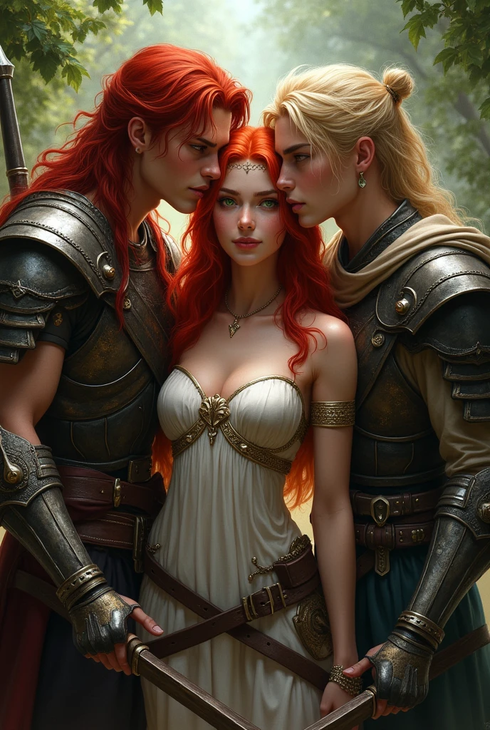 a beautiful female warrior with red hair and green eyes, in a love triangle with two male warriors, one with long red hair, caramel skin and a bad boy look, and the other blond with short hair.
The man with the red hair looks at her lovingly and hugs her, and the one with the blond shor hair wants to seduce her, she is between them and doesn't know which one to choose.