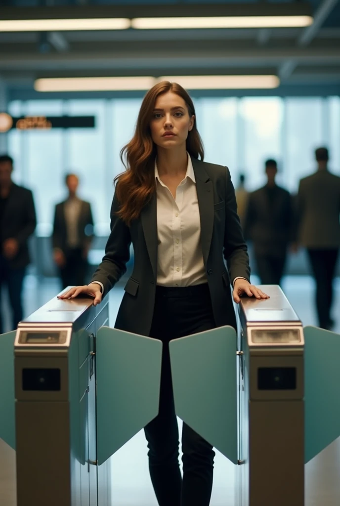create a realistic video of a woman passing through a turnstile 