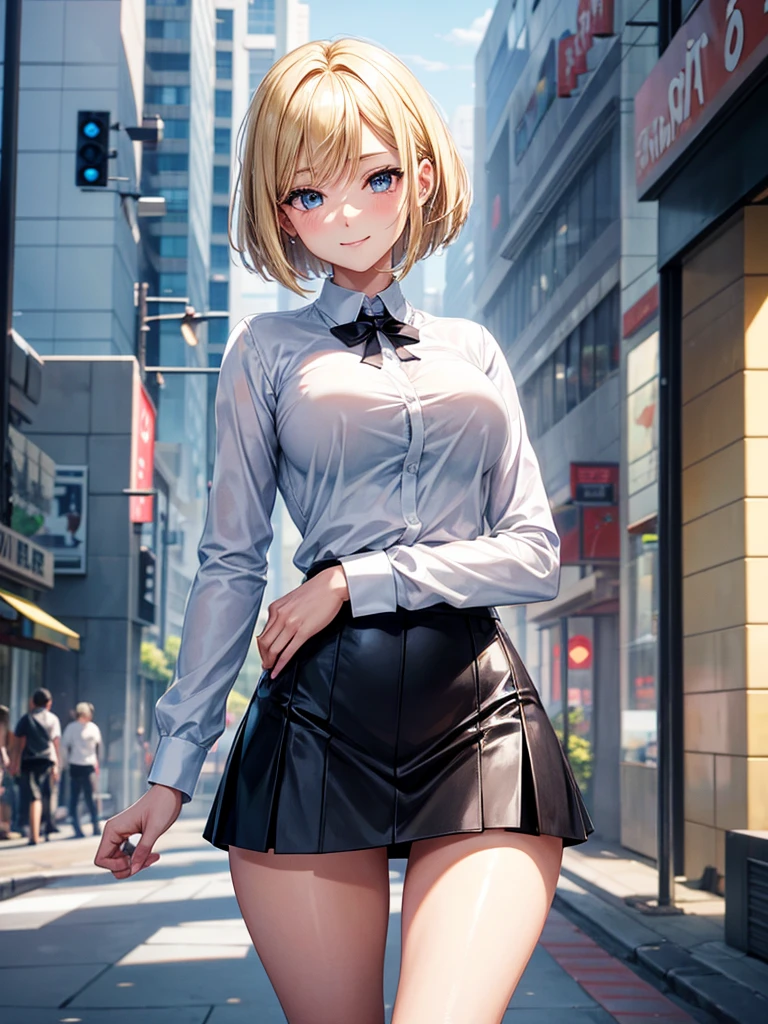 Anime style, super fine illustration, highly detailed, beautiful detailed, perfect detailed, super high quality image, static representation, gentle expression, happy expression, the pretty image, super stylish, 8k, pretty 1girl with blonde straight short hair & blue eyes & a bright smile & full bust & soft fair skin is a career woman who is very hard working not to show her skin wearing big white business shirt & black tight skirt & black pantyhose on the urban business buildings street, in the morning, solo, perfect fingers, no more fingers, no less fingers, perfect arms, no more arms, perfect legs, no more legs, no more hair, masterpiece.