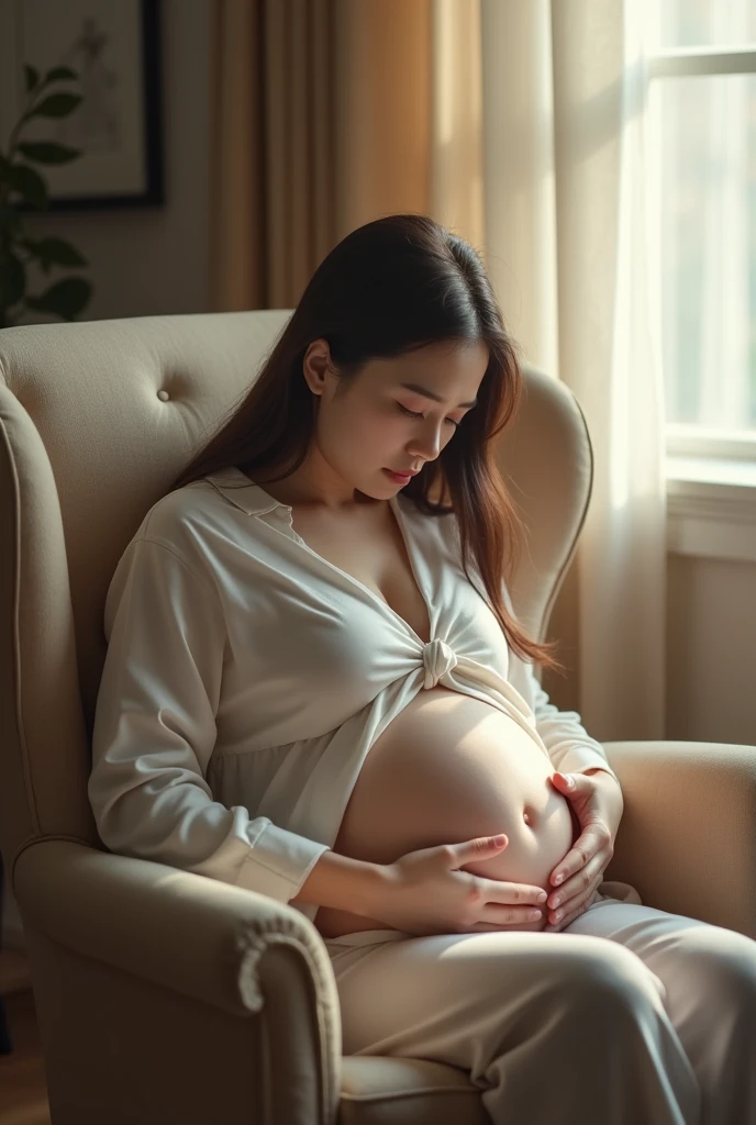 pretty korea woman big pregnant contraction in chair