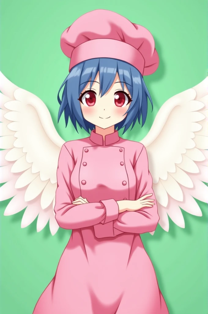 Female chef between 18 and 20 years old with angel wings, with a pink long-sleeved uniform and a chef's hat of the same color, 2D anime style with pastel colors, short blue hair, Red eyes ,with a happy expression, on a completely green and flat background