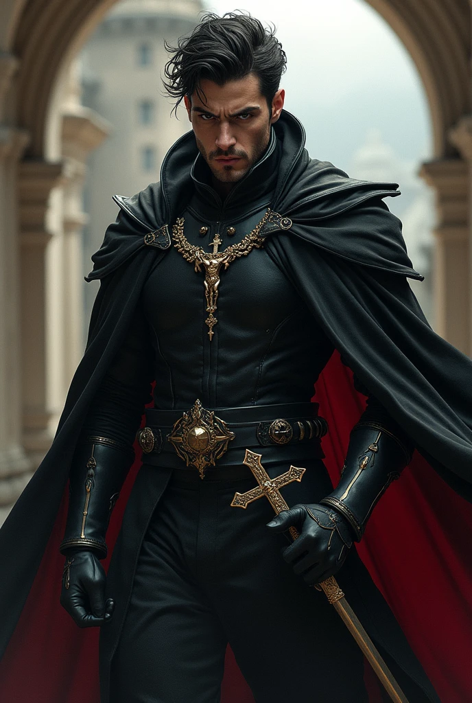 An incredibly handsome and masculine toreador vampire, he is greek and he is a knight templar, He is a 5th generation vampire therefore very powerful, he has a beautiful crucifix that is always with him and a cape