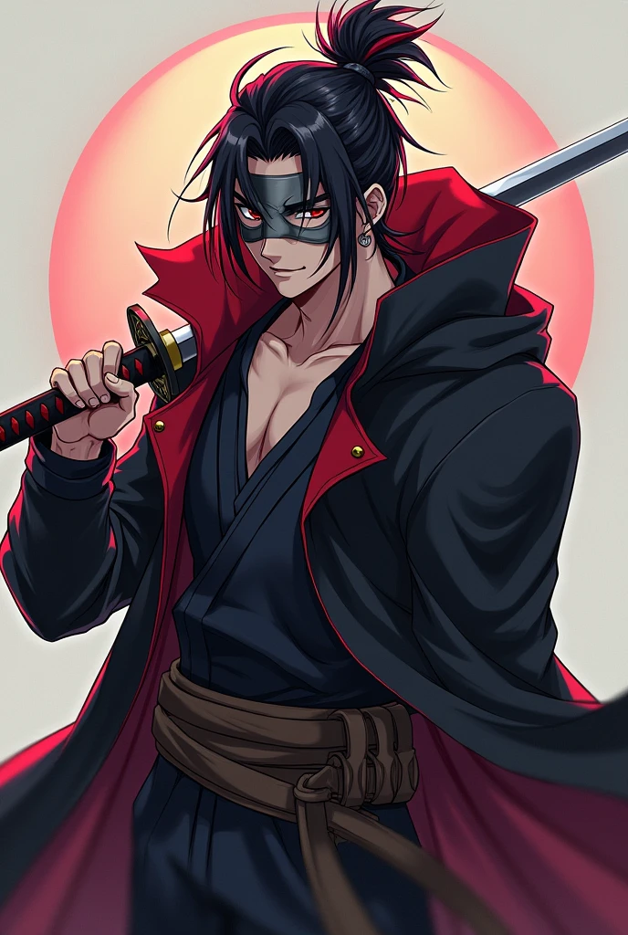 Create a muscular young anime style male character wearing a black long sleeved hooded overcoat with long black hair with red tips and tied into a cookie with a gray Japanese hannya mask with a katana