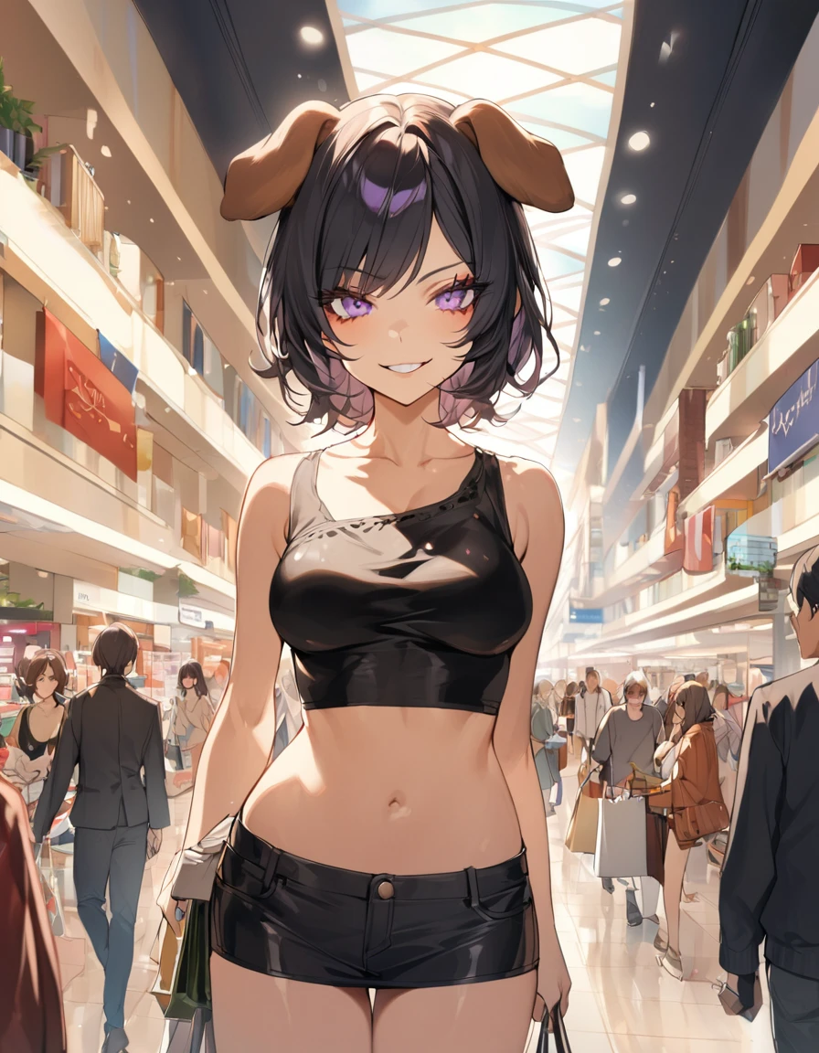 1girl, solo, (dog ears), (dog girl), black hair, (purple eyes), short hair, detailed face, medium breasts, long eyelashes, mature, wispy side bangs, seductive, smirk, crop top, miniskirt, shopping, mall, walking