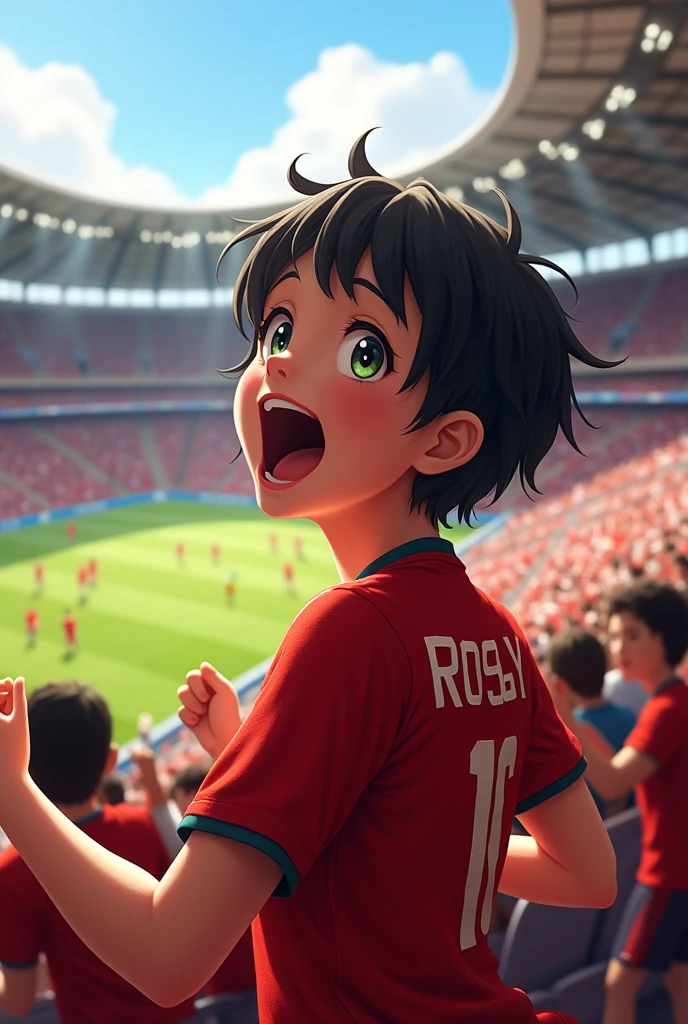 Short haired girl with the shirt of the Peruvian national team in the stadium cheering with the name Rossy
